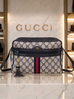Authentic Gucci Vintage GG Canvas Crossbody with Navy & Red Web Stripe Tassel